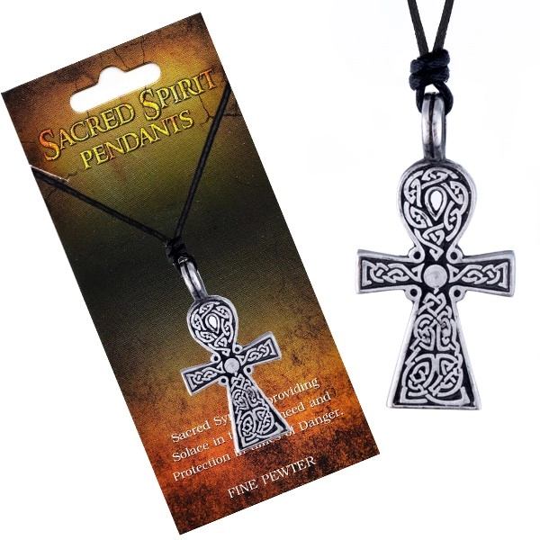 E-shop Šperky Eshop - Čierny šnúrkový náhrdelník, prívesok kríža Sacred Spirit, keltské uzly AC1.15