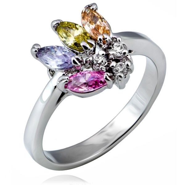 Lesklý prsteň z kovu - vejár farebných zrnkových zirkónov - Veľkosť: 55 mm