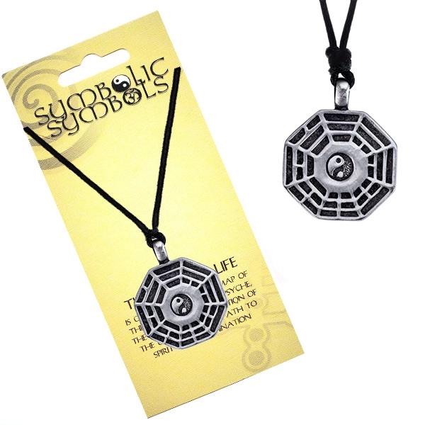 E-shop Šperky Eshop - Šnúrkový náhrdelník - kovový prívesok, trigramy a Jin Jang AC2.09
