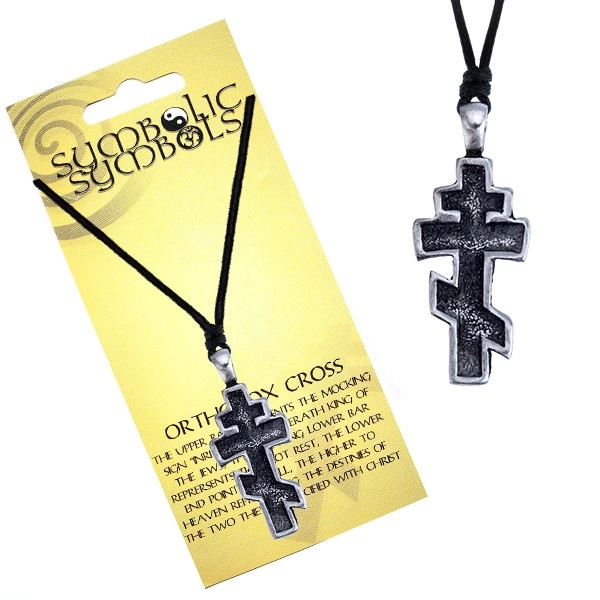 E-shop Šperky Eshop - Náhrdelník - šnúrka a kovový prívesok, ortodoxný kríž, patina AC2.12