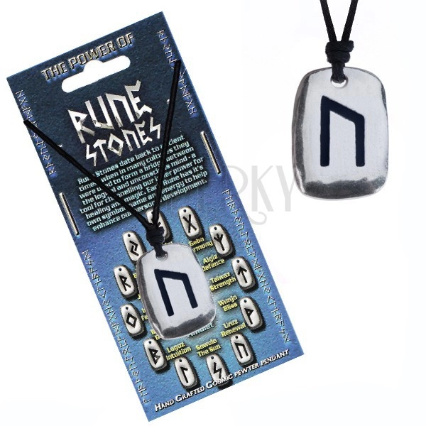 Šnúrkový náhrdelník - kovový prívesok, tabuľka, runa Uruz