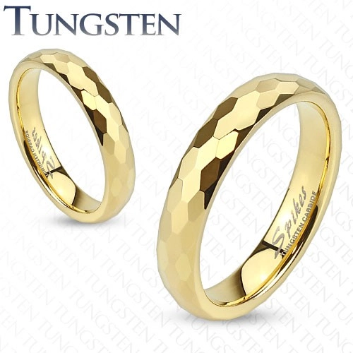 Wolfrámový prsteň - obrúčka zlatej farby s brúsením do šesťhranov - Veľkosť: 62 mm