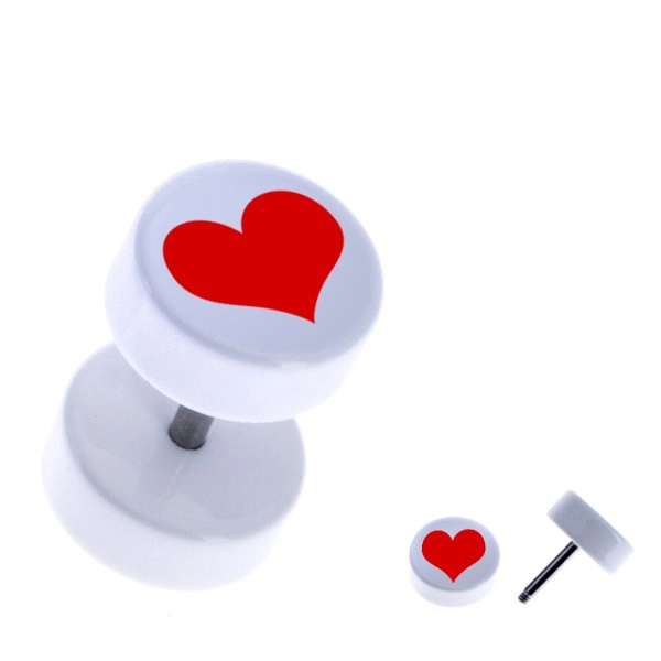 E-shop Šperky Eshop - Biely fake plug z akrylu - okrúhly, červené pravidelné srdce PC31.16