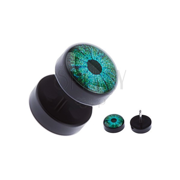 Čierny akrylový fake plug do ucha - modrozelené oko