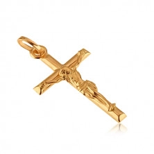 Zlatý 14K prívesok - ukrižovaný Ježiš na hladkom kríži