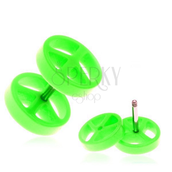 Akrylový fake plug do ucha - zelený, symbol "peace"