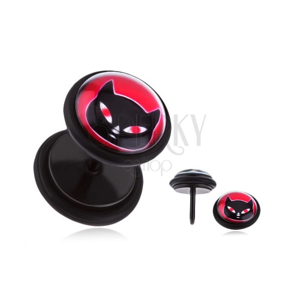 Čierny fake plug do ucha s PVD úpravou - oceľový, mačka s červenými očami