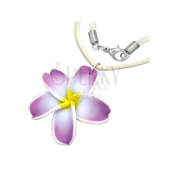 FIMO náhrdelník - fialovo-biely kvet plumérie, béžová kožená šnúrka