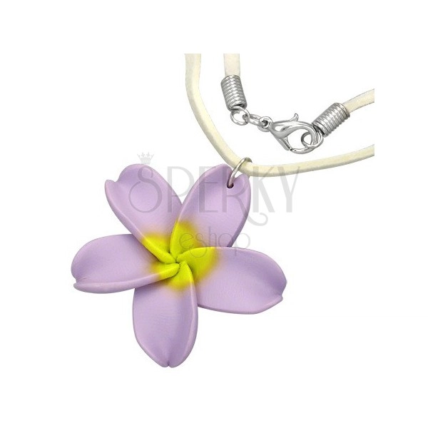 FIMO náhrdelník - fialový kvet Pluméria, béžová šnúrka