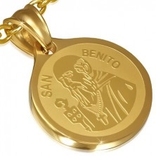 Okrúhly oceľový prívesok - zlatá farba, Sv. Benedikt