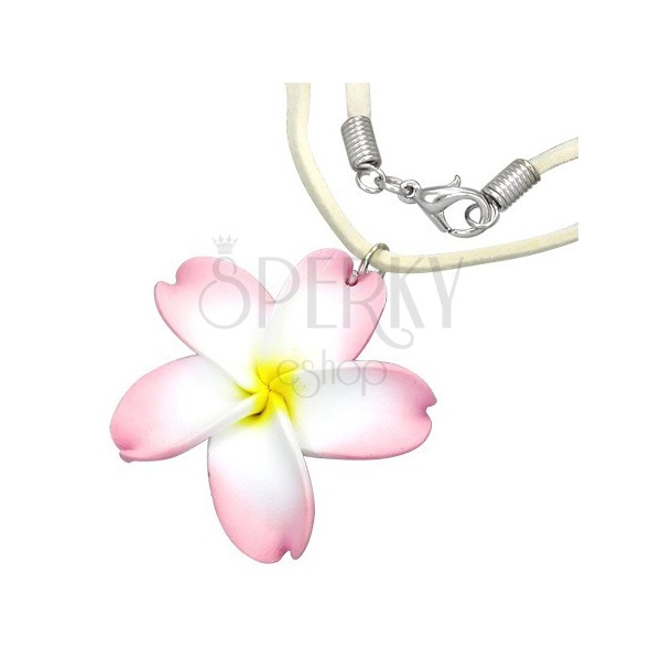 FIMO náhrdelník - bielo-ružový kvet, béžová šnúrka
