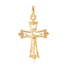 Prívesok zo 14K zlata - kríž s rozvetveným cípom s lúčmi a Kristom