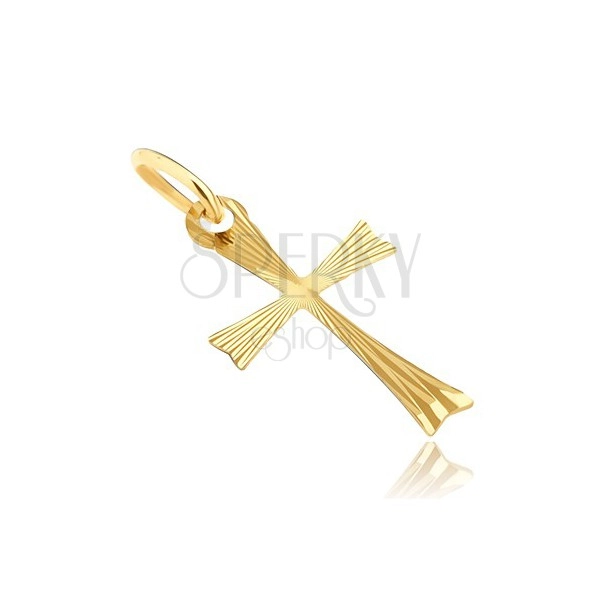 Zlatý prívesok 585 - krížik s rozdvojenými ramenami s lúčmi