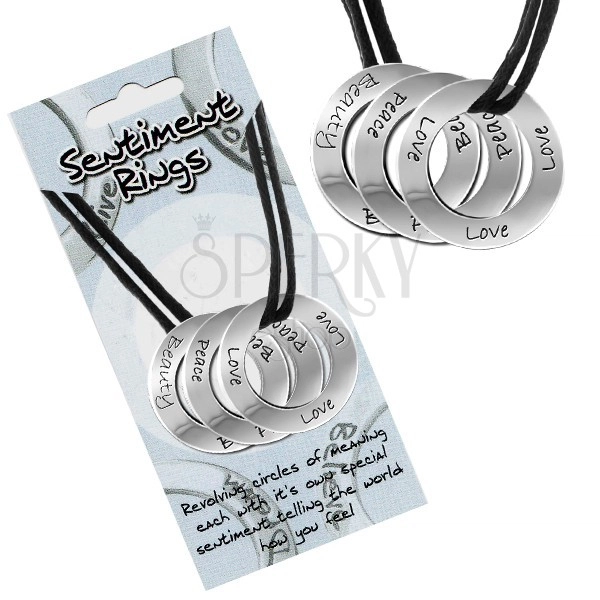 Šnúrkový náhrdelník - kolieska s nápismi "Love, Peace, Beauty"