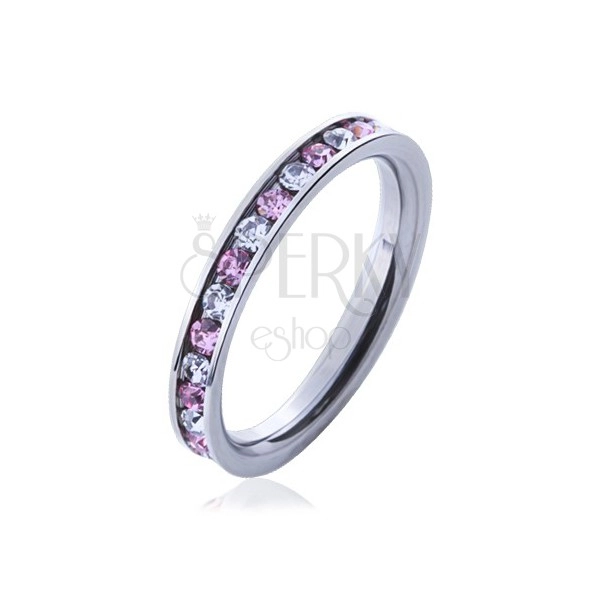 Oceľový prsteň s kamienkami ružovej a čírej farby