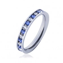 Oceľový prsteň - svetlo-modré a číre kamienky