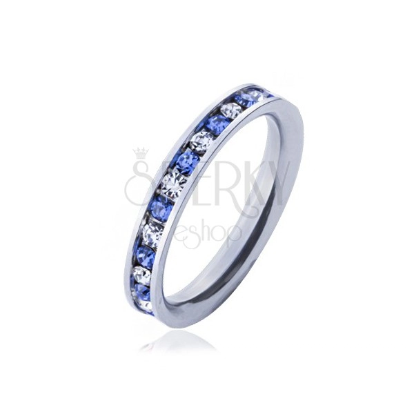 Oceľový prsteň - svetlo-modré a číre kamienky
