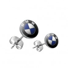 Okrúhle oceľové náušnice - tmavomodré logo automobilovej značky