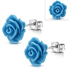 Oceľové puzetové náušnice, lesklé modré kvietky ruže