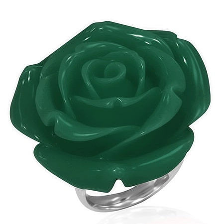 Prsteň z chirurgickej ocele - zelená ruža, živica - Veľkosť: 52 mm