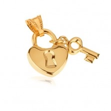 Zlatý prívesok 585 - lesklá srdiečková zámka s kľúčikom