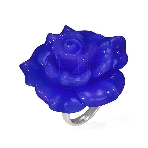 Lesklý oceľový prsteň - modrá ruža zo živice