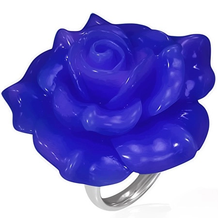 Lesklý oceľový prsteň - modrá ruža zo živice - Veľkosť: 60 mm