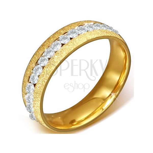 Oceľový prsteň - pieskovaná obrúčka zlatej farby, okrúhle číre zirkóniky