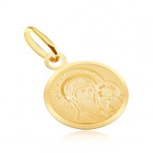 Zlatý plochý prívesok 585 - okrúhly medailón s Madonou a dieťaťom