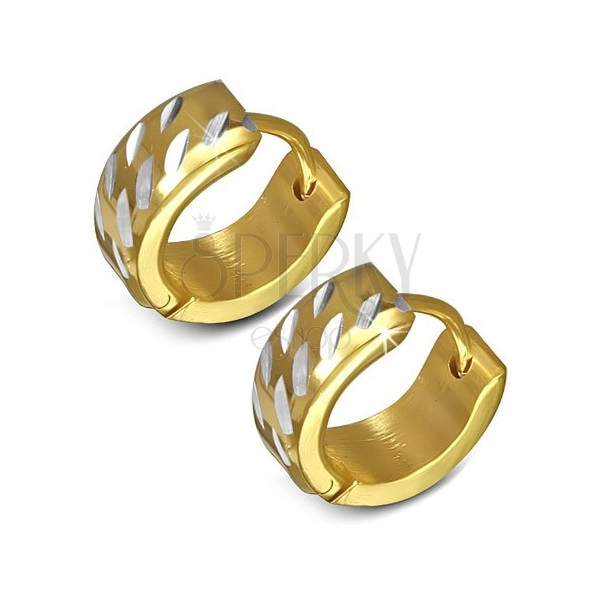 Náušnice z chirurgickej ocele - okrúhle, zlaté so zárezmi striebornej farby