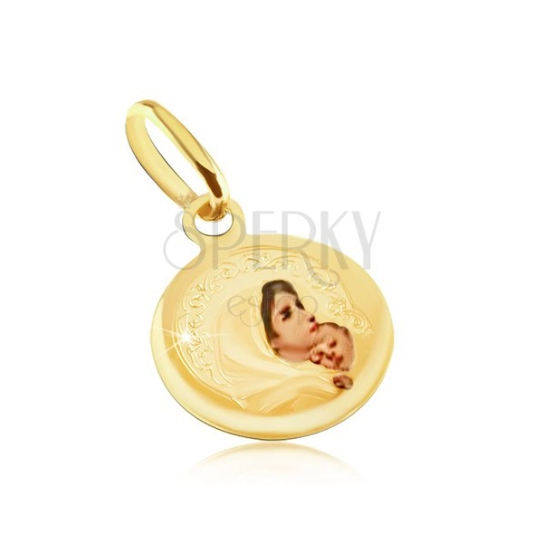 Zlatý prívesok 585 - okrúhly medailón, Panna Mária, priehľadná glazúra