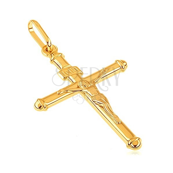 Prívesok v žltom 14K zlate - Ježiš Kristus na kríži, lesklý latinský kríž