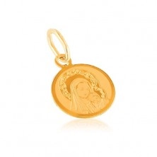 Zlatý 14K prívesok - okrúhly medailón, gravírovaná Matka Božia s dieťaťom