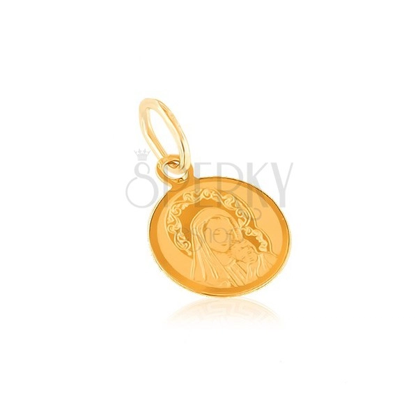 Zlatý 14K prívesok - okrúhly medailón, gravírovaná Matka Božia s dieťaťom