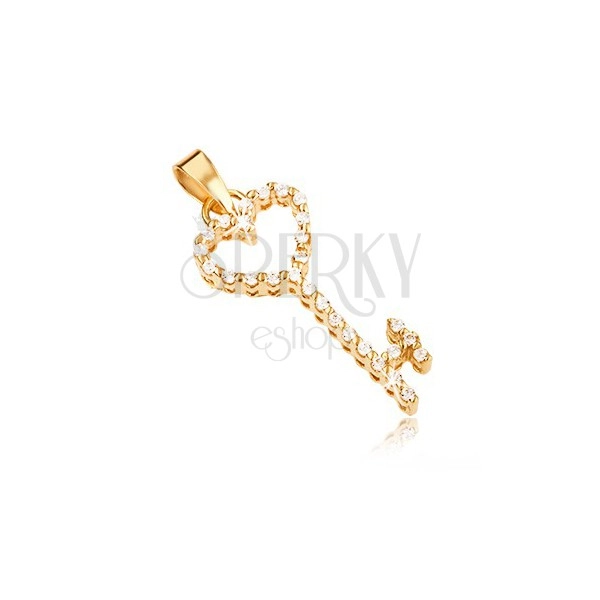 Zlatý prívesok 585 - srdcový kľúč vykladaný čírymi zirkónmi