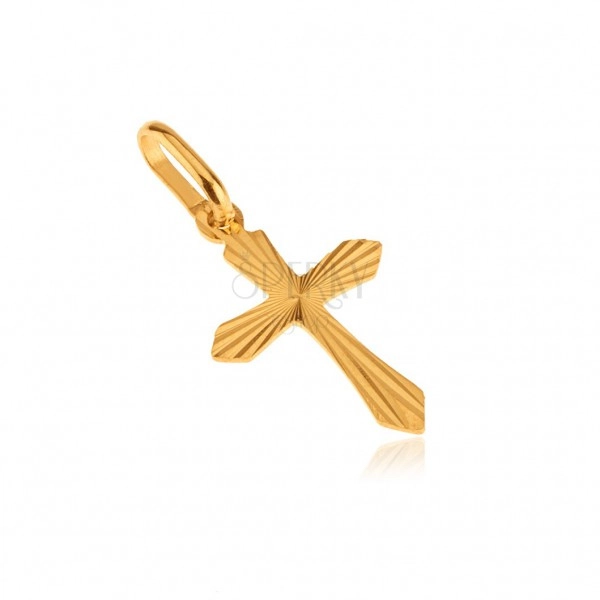 Zlatý 14K prívesok - plochý latinský kríž, lesklé lúčovité ryhovanie