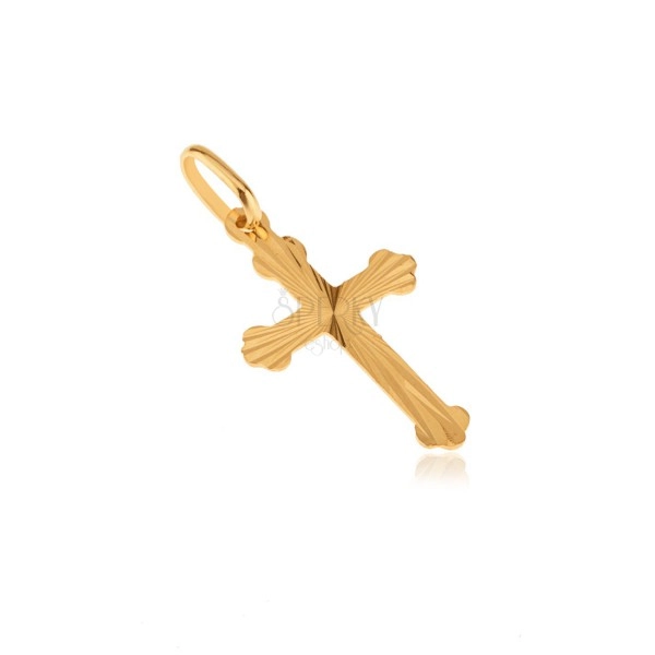 Zlatý prívesok 585 - plochý jetelový kríž, ligotavé lúčovité ryhy