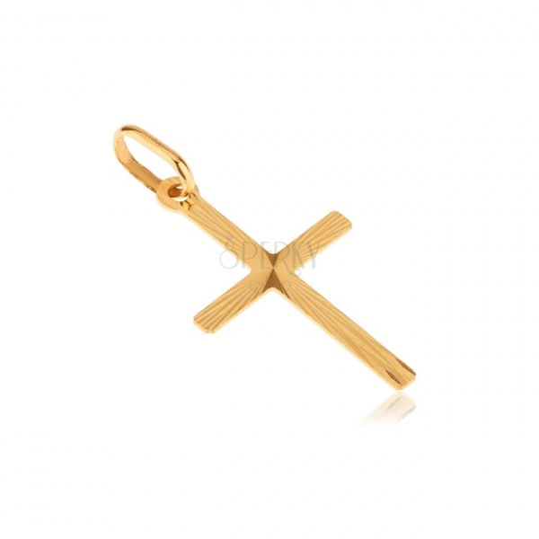 Plochý prívesok zo zlata 14K - latinský kríž, lúčovité ryhy
