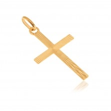 Prívesok zo žltého 14K zlata - latinský kríž, lesklé lúčovité ryhovanie