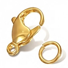 Oceľový set - zlatá farba, karabínka a krúžok na retiazku, 12 mm