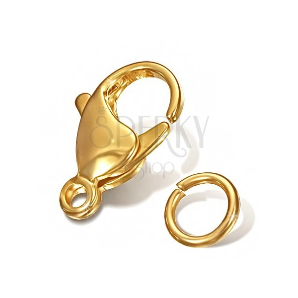 Oceľový set - zlatá farba, karabínka a krúžok na retiazku, 12 mm
