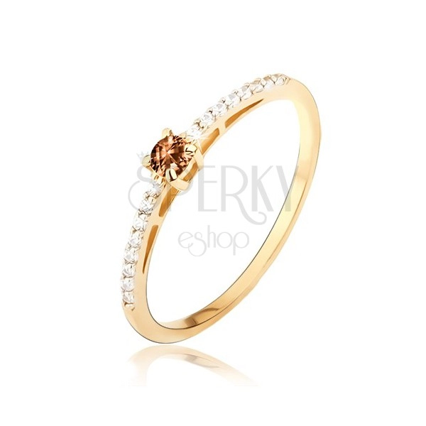 Zlatý prsteň 585 - lesklý, hladký, drobné číre zirkóny, kameň záhneda
