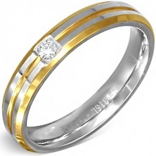 Prsteň strieborno-zlatej farby z ocele s malým čírym zirkónom