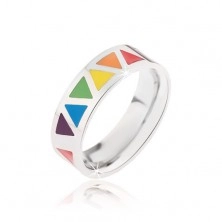 Lesklý oceľový prsteň s farebnými trojuholníkmi