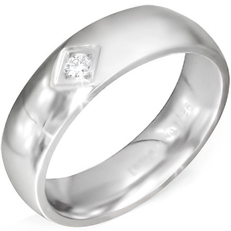 Lesklý oceľový prsteň striebornej farby so štvorcovým zárezom a čírym zirkónom - Veľkosť: 60 mm