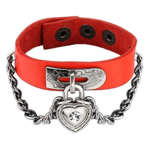 E-shop Šperky Eshop - Červený koženkový náramok s retiazkou, srdcová kladka so zirkónom R18.18