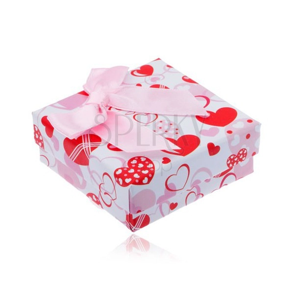Krabička na náušnice - červené, biele a ružové srdcia, mašľa