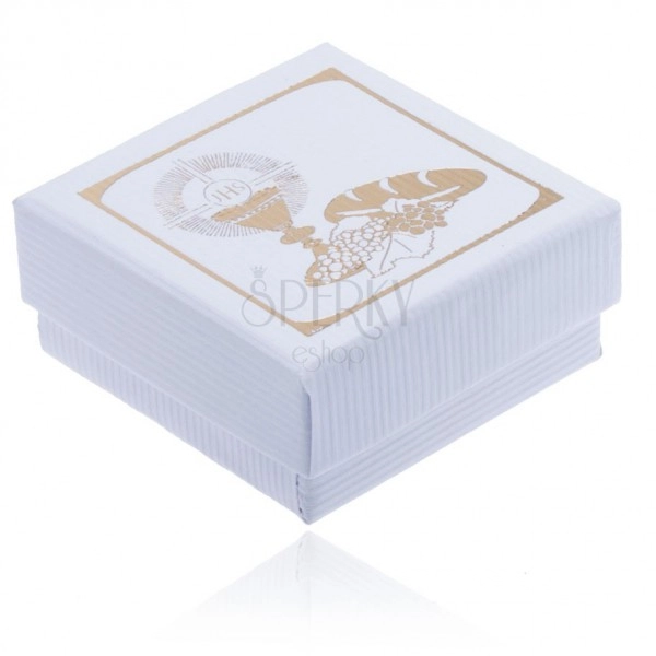 Krabička na šperk bielej farby s kalichom, chlebom a hroznom zlatej farby