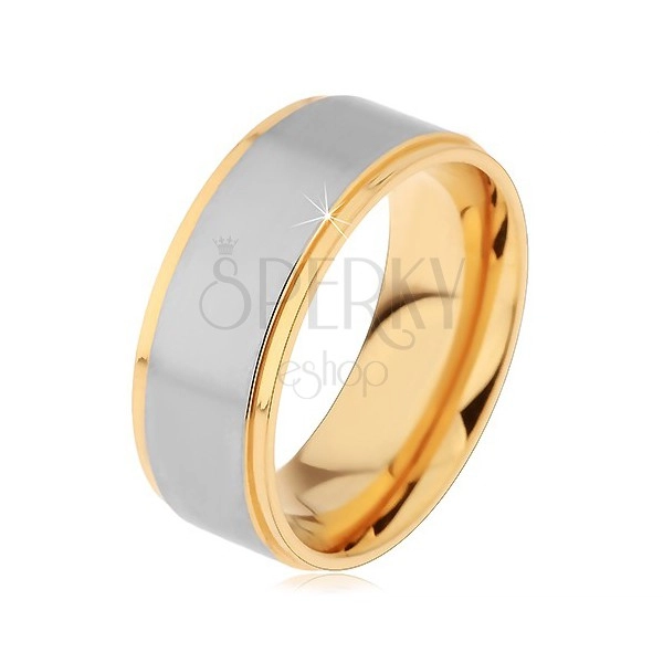 Lesklý oceľový prsteň strieborno-zlatej farby s dvomi zárezmi