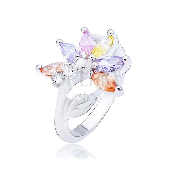 Lesklý oceľový prsteň, striebornej farby, kvet s farebnými zirkónovými lupeňmi